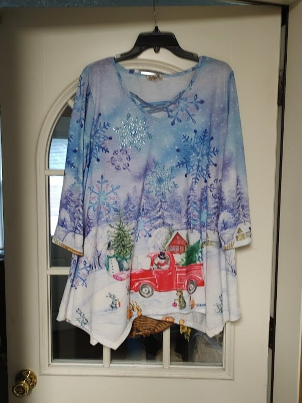 One World Blue Multi-Color Snowman 3/4 Sleeve Tunic Top Size Women's 2X